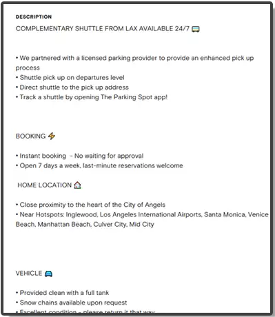 car listing detailed informative Description