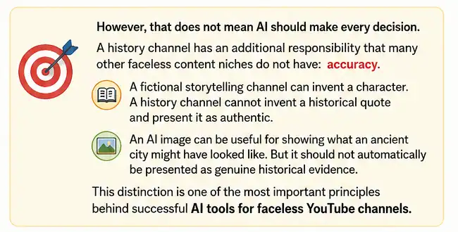 Faceless History YouTube Channel-flow-chart-2
A history channel has an additional responsibility that many other faceless content niches do not have: accuracy.
A fictional storytelling channel can invent a character. A history channel cannot invent a historical quote and present it as authentic.
An AI image can be useful for showing what an ancient city might have looked like. But it should not automatically be presented as genuine historical evidence.
This distinction is one of the most important principles behind successful AI tools for faceless YouTube channels.